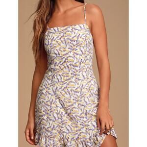 Lulus Women's Brynne White Yellow Purple Floral Square Neck Mini Dress Size XL